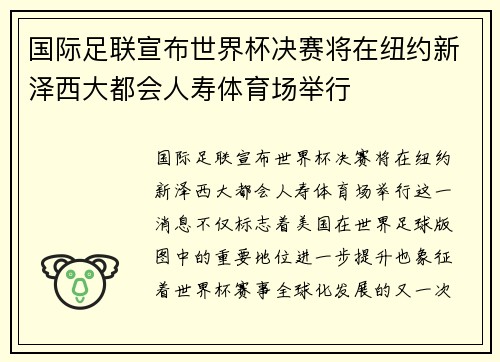 国际足联宣布世界杯决赛将在纽约新泽西大都会人寿体育场举行