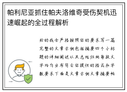 帕利尼亚抓住帕夫洛维奇受伤契机迅速崛起的全过程解析