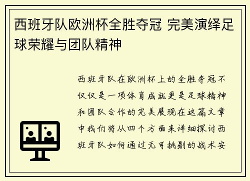 西班牙队欧洲杯全胜夺冠 完美演绎足球荣耀与团队精神
